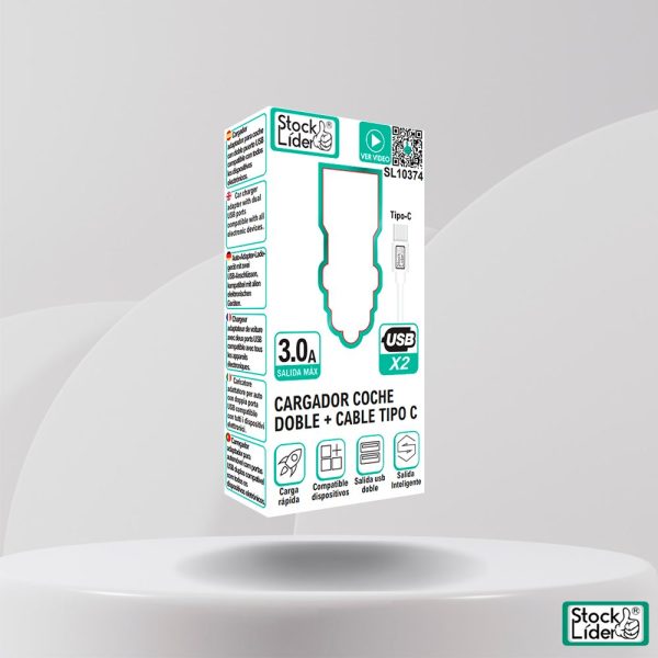 Cargador coche doble USB x2 + Cable tipo C | Pack 5 unidades