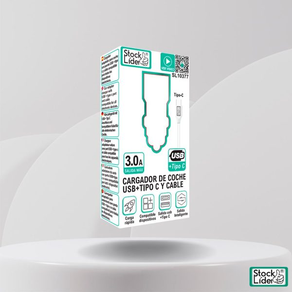 Cargador de coche USB + Tipo C y cable | Pack 5 unidades