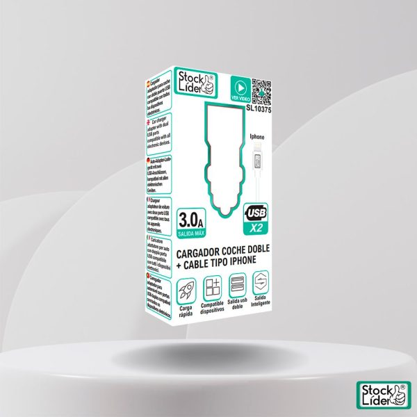 Cargador coche doble USB x2 + Cable tipo iPhone | Pack 5 unidades